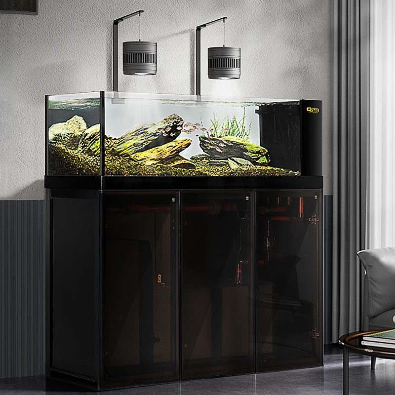 yee工业风原生溪流金鱼缸客厅底滤超白玻璃侧溢流下过滤水族箱