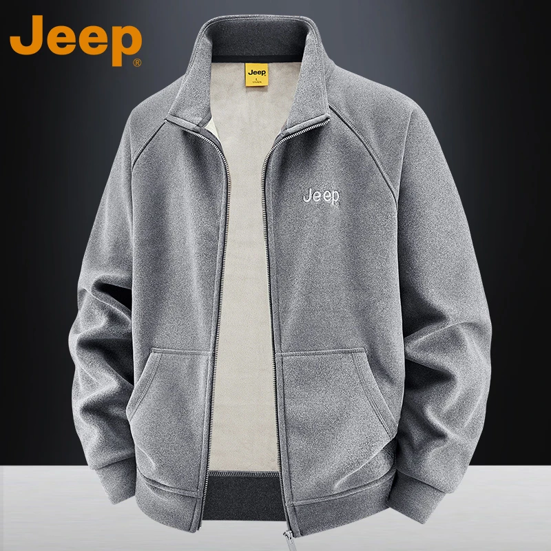 JEEP吉普高级灰立领加绒夹克男款秋冬季美式复古商务休闲保暖外套