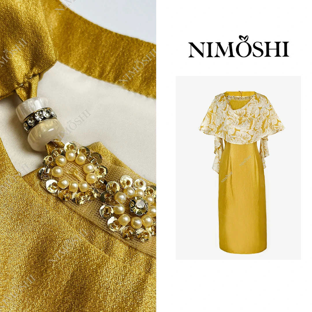 【莎莎专属】新款金黄色贵妇风大摆袖丝带设计气质显瘦连衣裙Q2199
