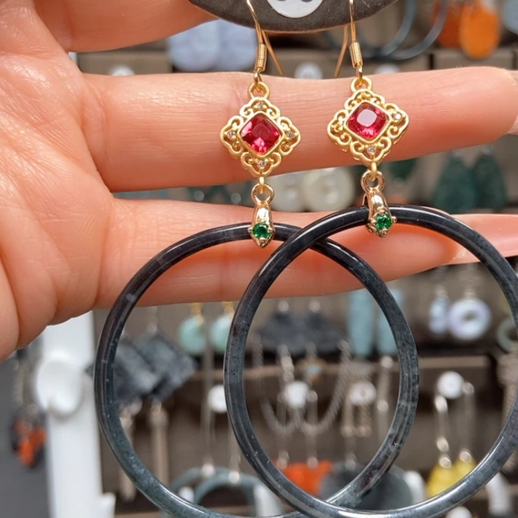 【闪购商品】翡翠耳饰银S925镀金镶嵌