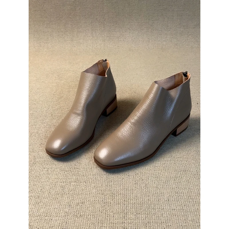 nnmiss·34-40/3.5cm巨软羊皮复古风圆头后拉链粗跟百搭短靴及裸靴
