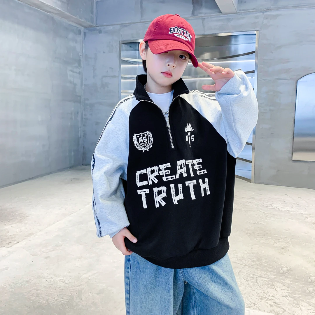 男童秋装机车风立领撞色运动卫衣2025新款青少年儿童春秋宽松上衣