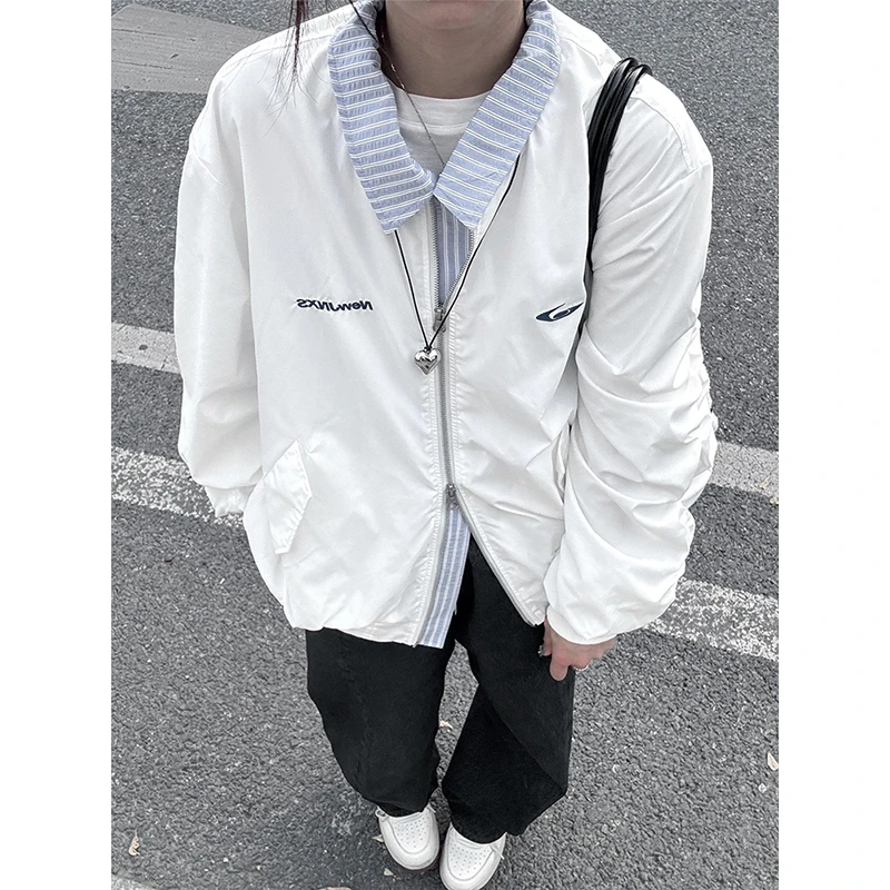 学院风白色条纹假两件飞行夹克外套男秋季潮牌cleanfit短款棒球服