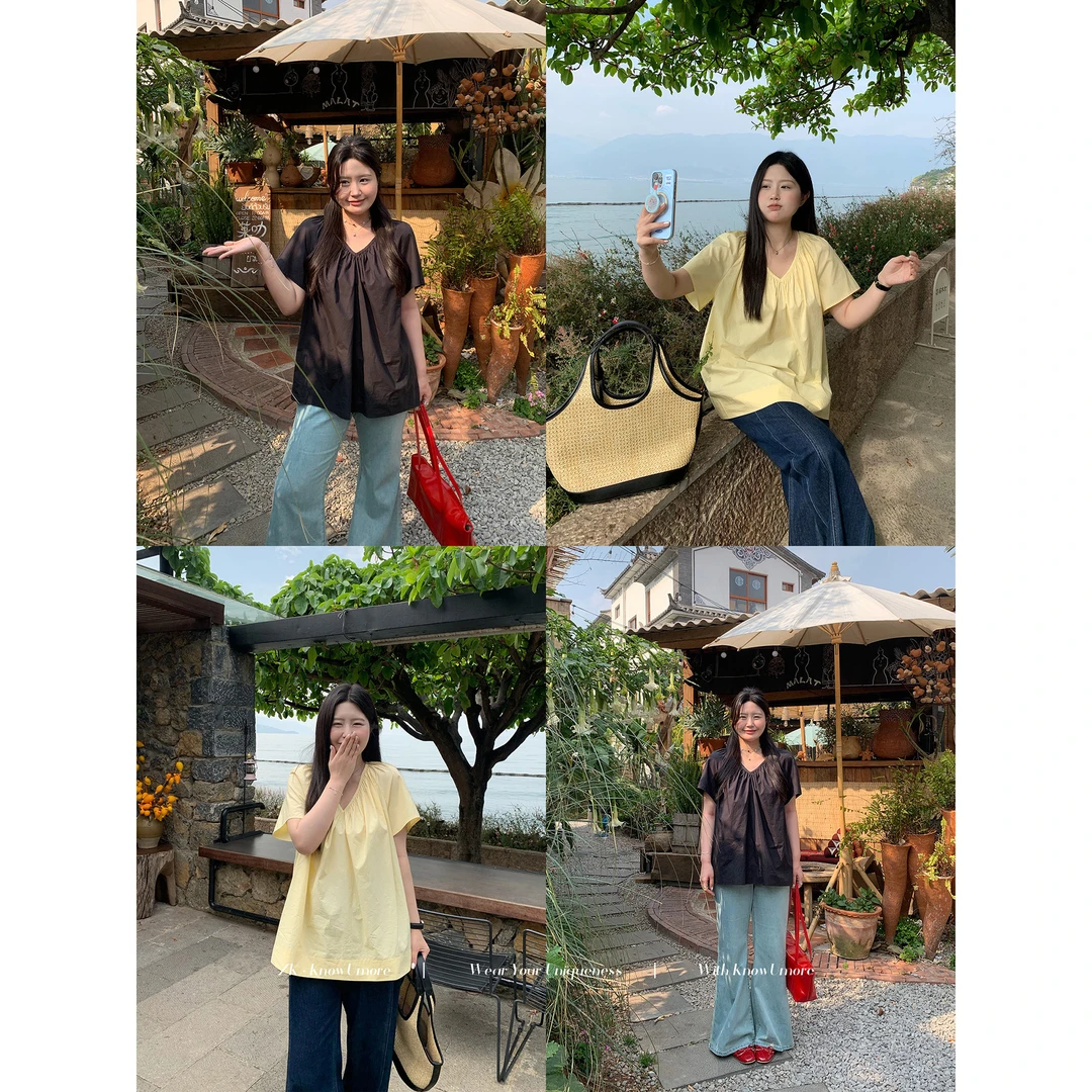 知葵微胖定制【轻氧多巴胺】初夏韩系V领短袖小衫上衣女12244CS8849