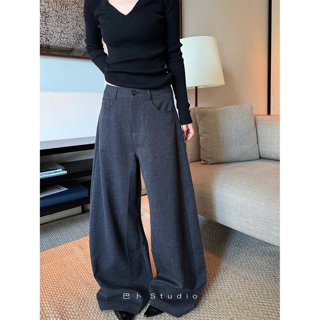 加绒加厚灰色弯刀裤女秋冬新款高腰百搭直筒裤宽松休闲阔腿裤长裤