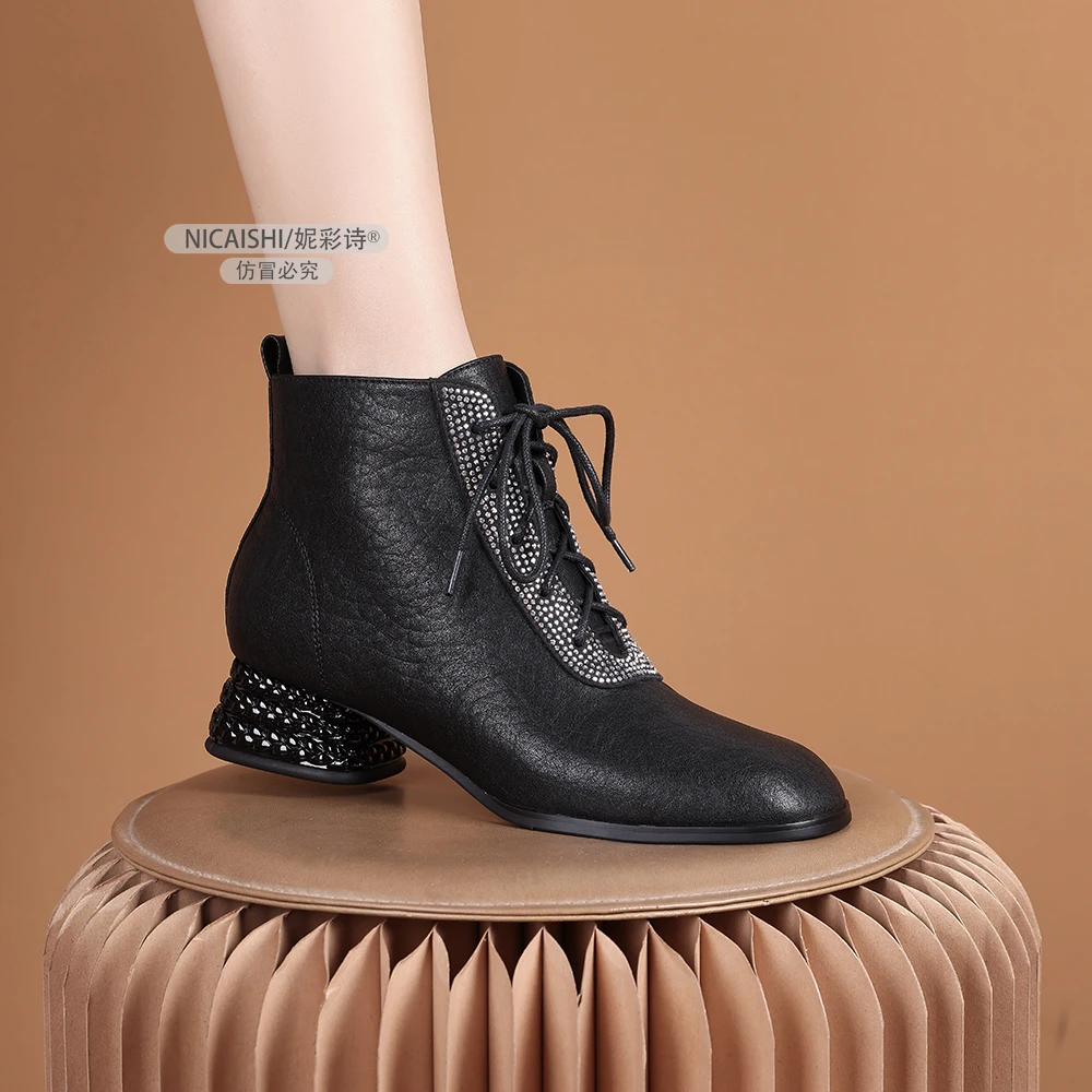 2025年新款欧美气质黑色软皮百搭低跟不累脚短靴女百搭时尚3167