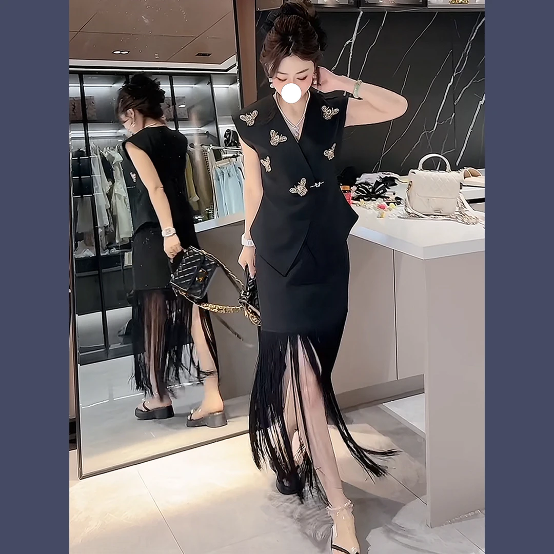 法式复古气质显瘦无袖马甲两件套女夏季新款设计感小众连衣裙套装