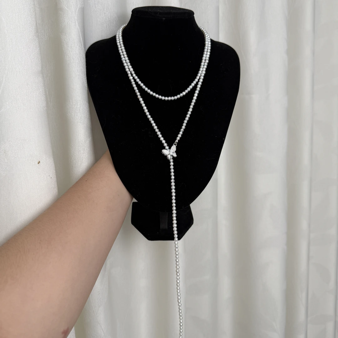 天然珍珠淡水珍珠极光白毛衣链4mm时尚手工精致毛衣链