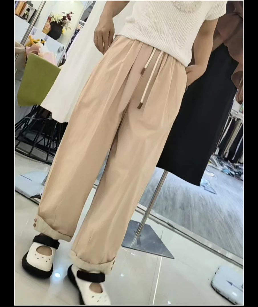夏季无弹力中腰卡其色休闲裤显瘦时尚纯色抽绳6274