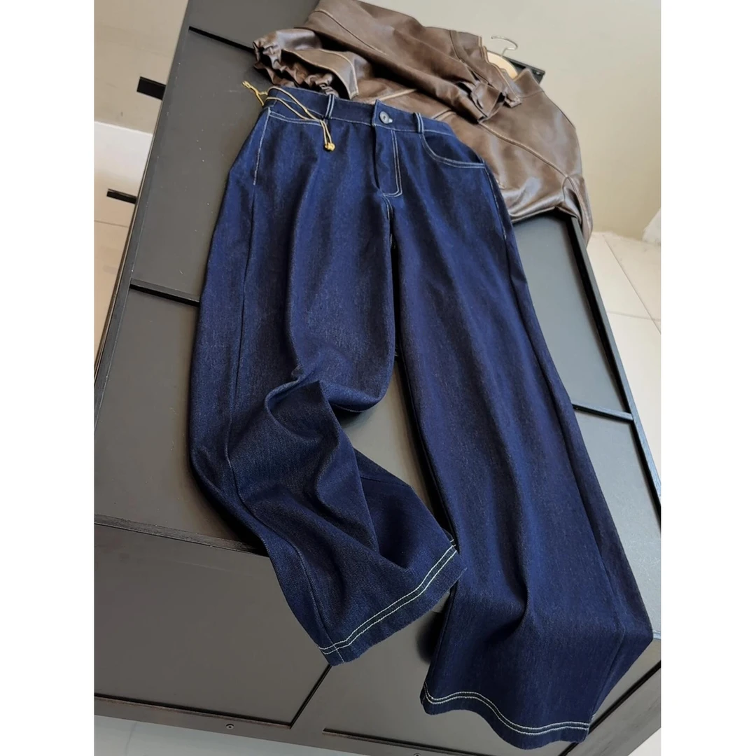 明线直筒牛仔裤女初秋显瘦宽松垂感软糯直筒阔腿裤长裤女