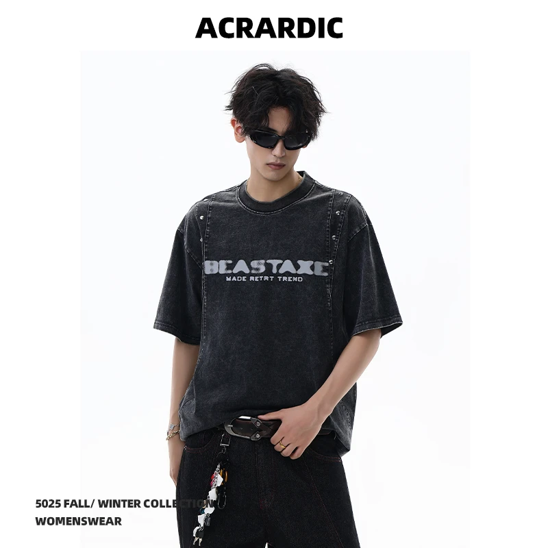 ACRARDIC潮牌重磅铆钉短袖T恤男高街美式宽松水洗做旧半袖上衣夏