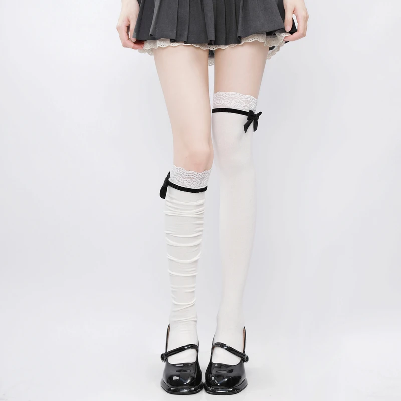 梅洛芙Lolita蕾丝白色小腿袜子jk芭蕾风蝴蝶结中筒袜洛丽塔甜美袜
