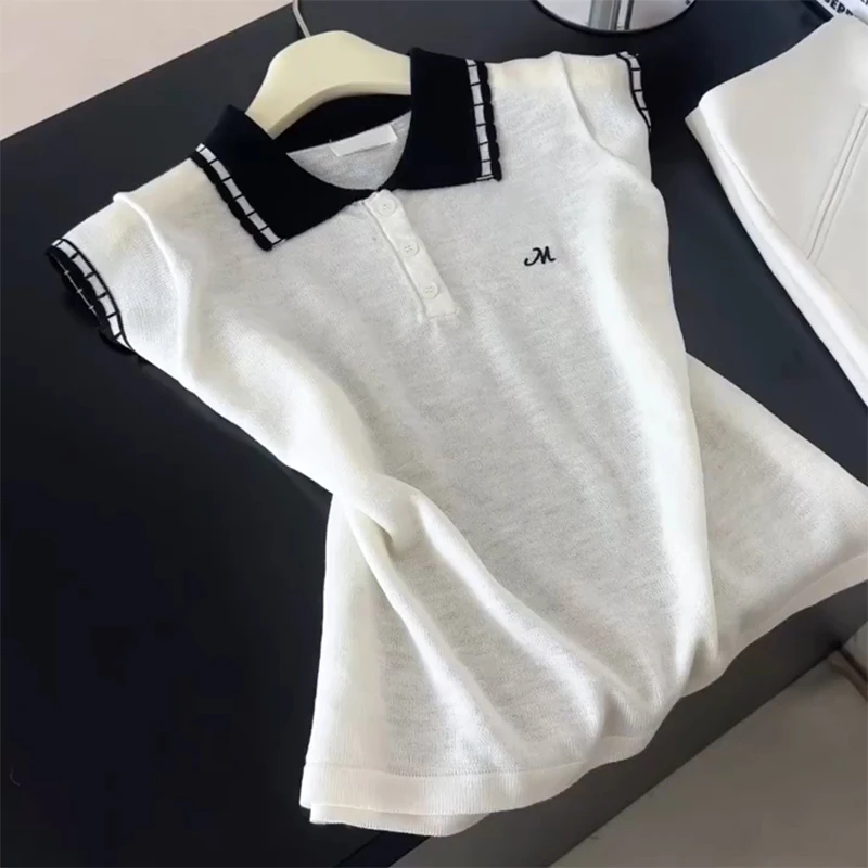 韩系POLO领撞色刺绣短袖针织衫女夏季新款超好看显瘦百搭别致上衣