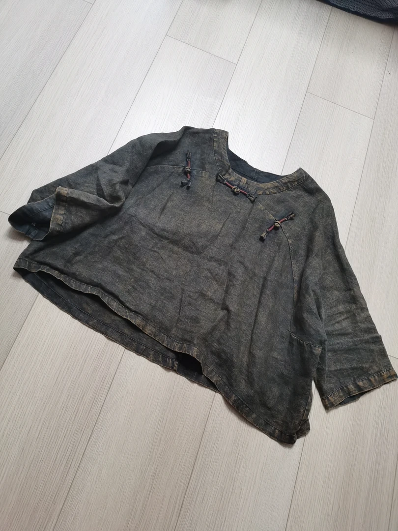 复古百搭脏洗做旧三粒手工绕线盘扣亚麻上衣