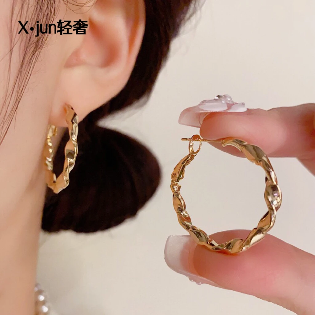 铜合金耳饰 欧美时尚金属扭曲麻花耳圈气质轻奢百搭冷淡风耳环