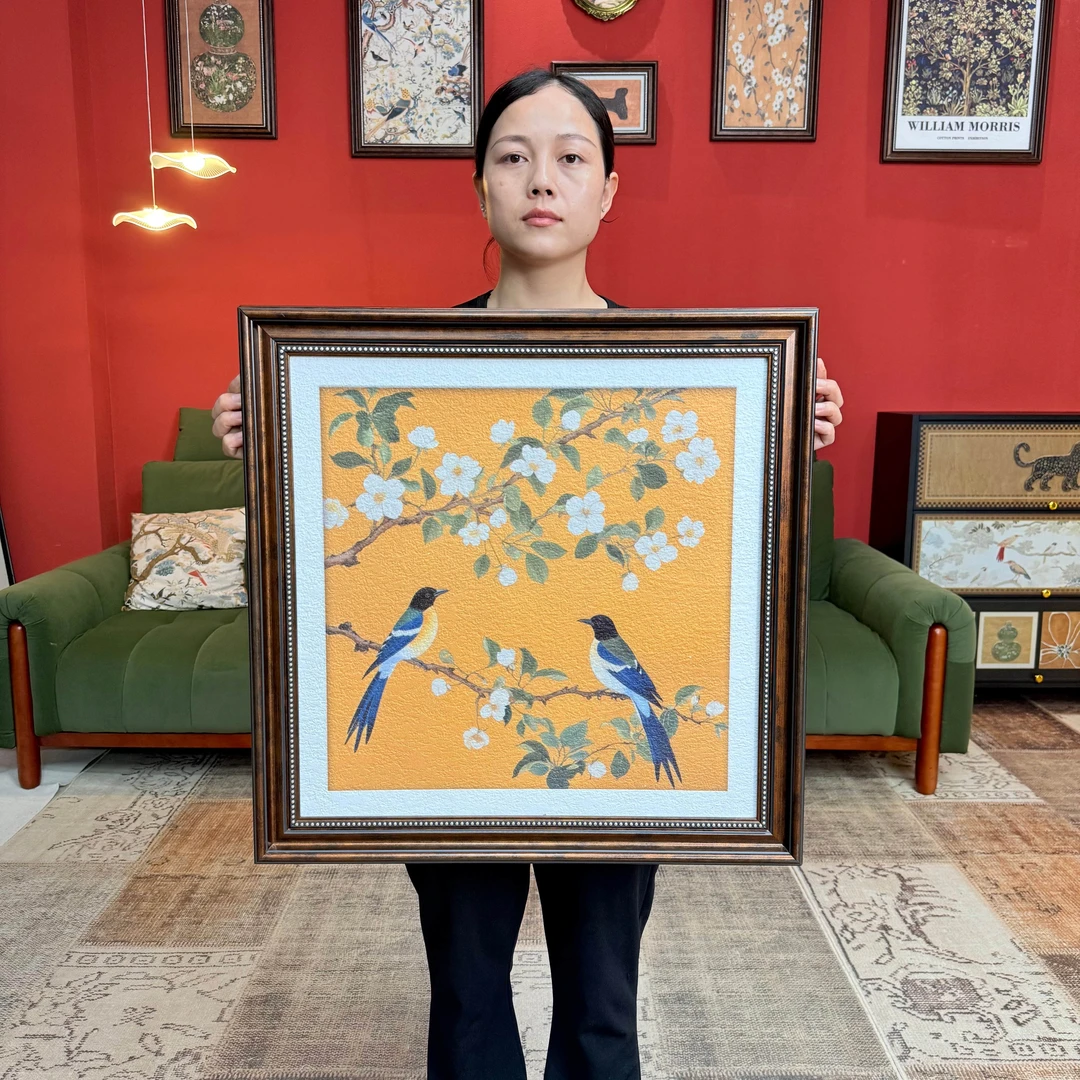 壁画中古风装饰画新中式轻法式玄关餐厅砂岩画F009喜上眉梢6060