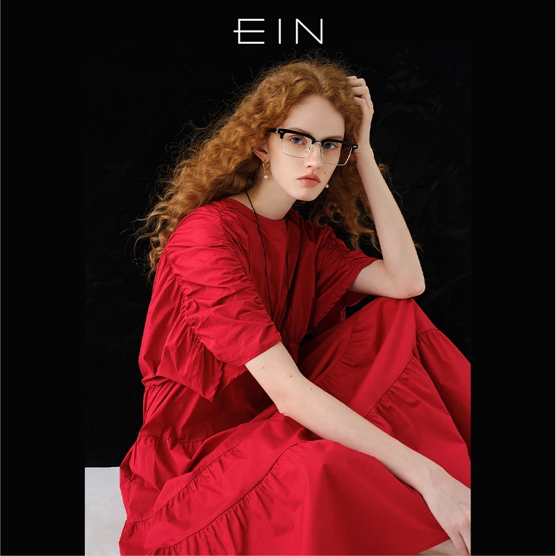 EIN/言复古红色浪漫抽褶设计简约圆领大摆文艺休闲连衣裙夏季款