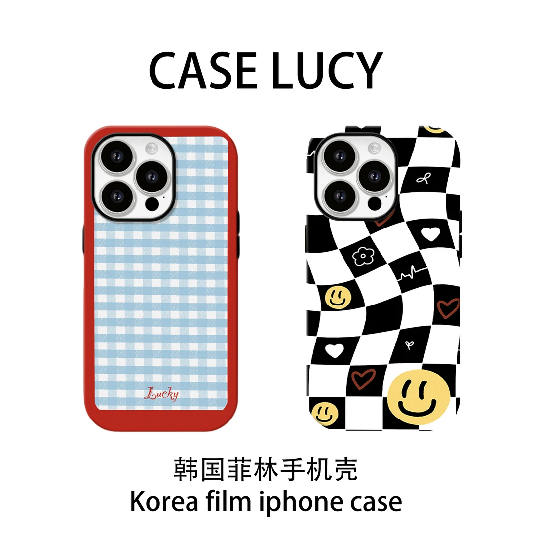 ins蓝格纹变形笑脸适用苹果16promax手机壳iphone15/14韩菲二合一