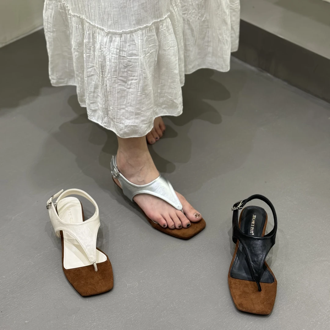 Y 616-2 法式小众设计师新款百搭方头坡跟夹趾人字拖方头凉拖鞋女