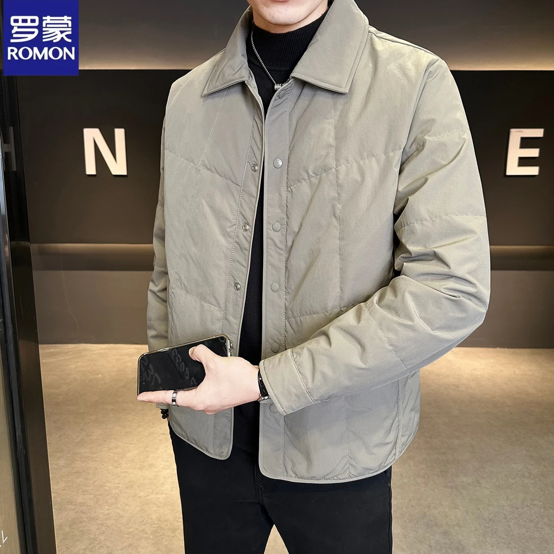 Romon/罗蒙冬季休闲风保暖常规款纯色轻薄款男装潮流修身男士外套