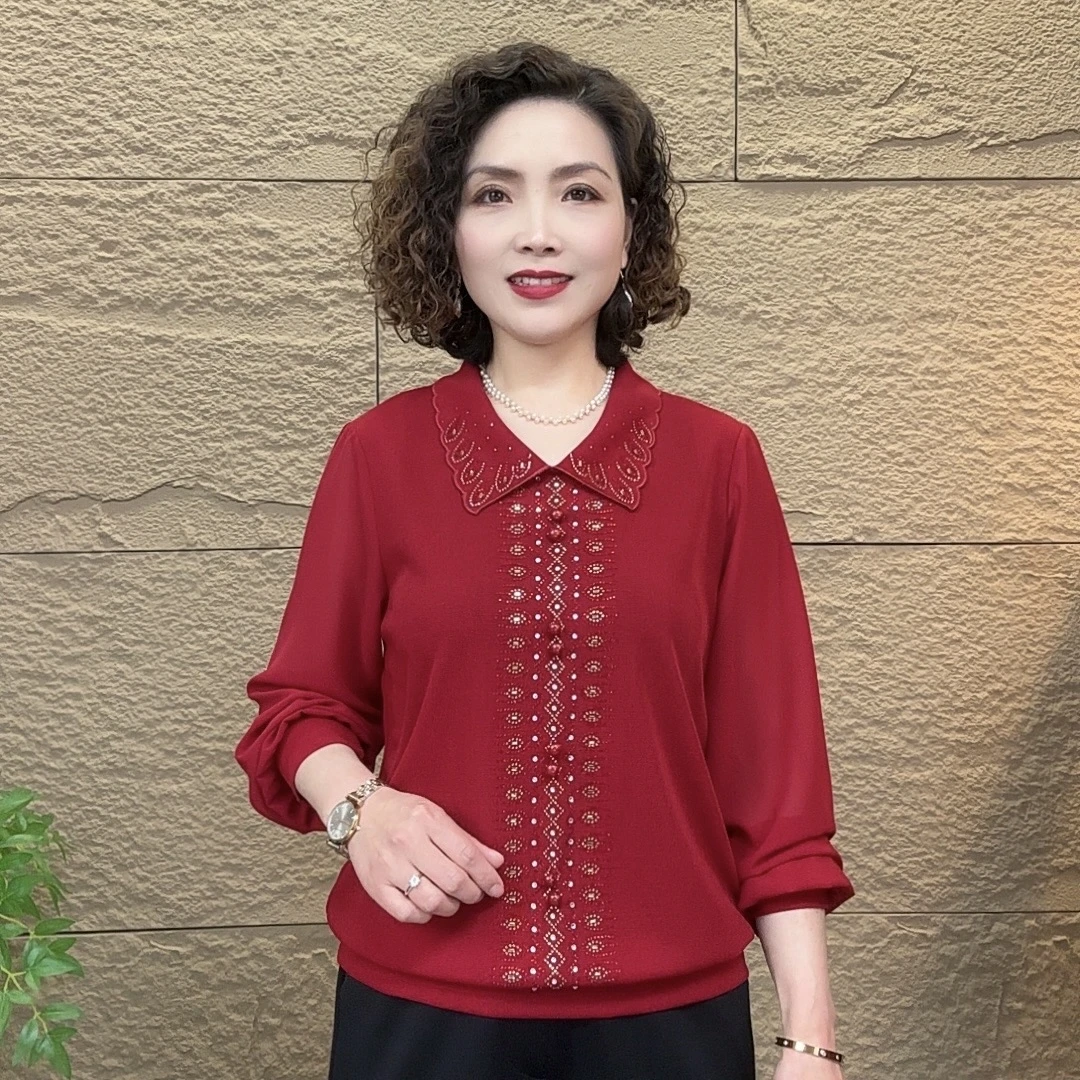 2025春季新款中老年妈妈装针织上衣女士显瘦气质百搭翻领打底小衫