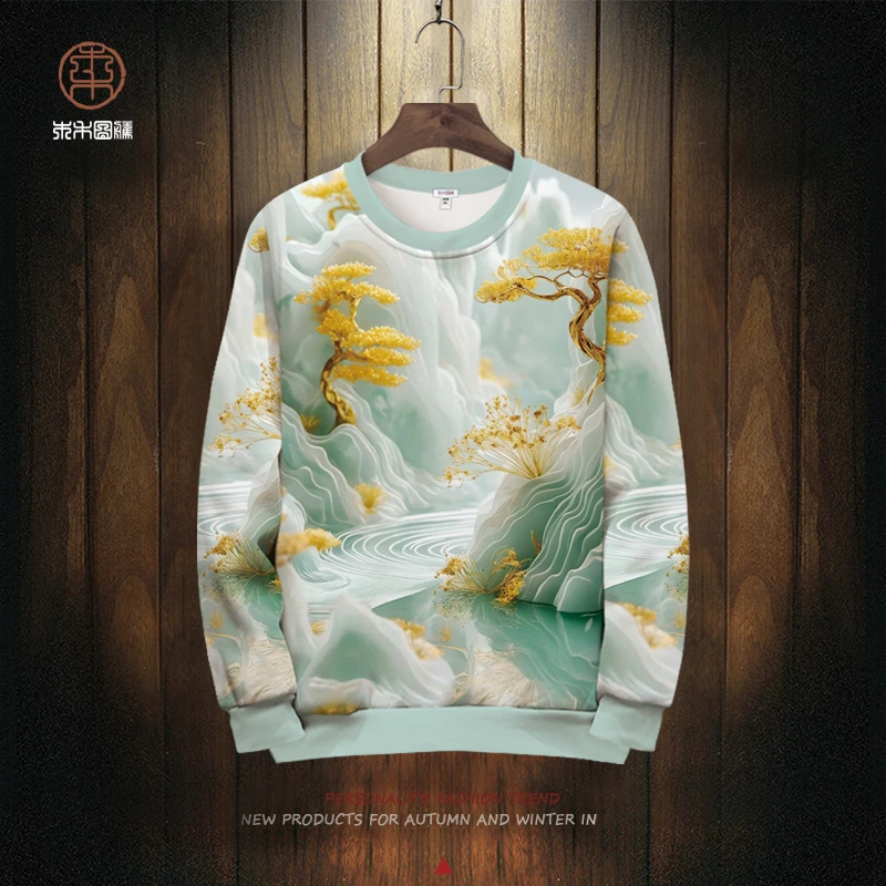 2025冬季新款圆领卫衣时尚3D印花长袖T恤青少年加绒加厚大码外套