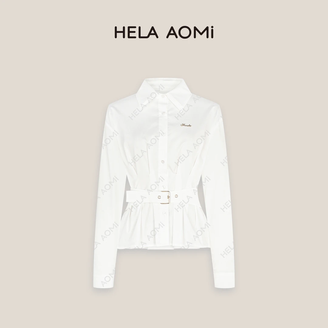 HELA AOMI“腰封衬衫”设计感小众压褶系带收腰显瘦翻领长袖衬衫