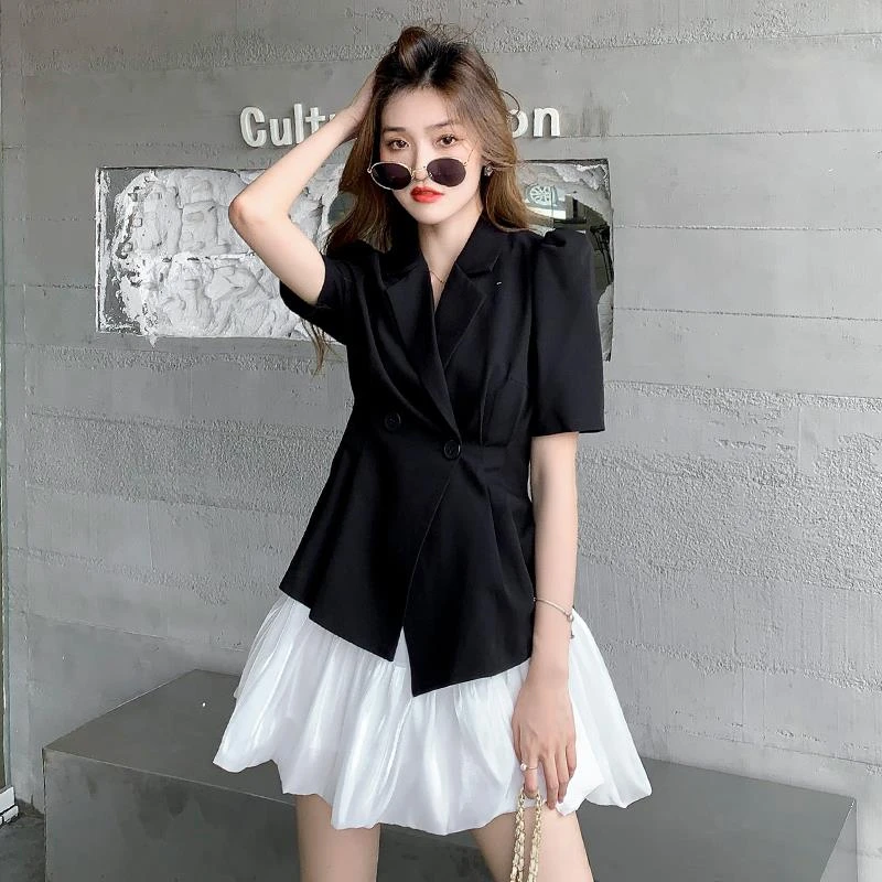 赫小本小黑裙法式洋气名媛西装连衣裙时尚套装小西装蓬蓬裙两件套