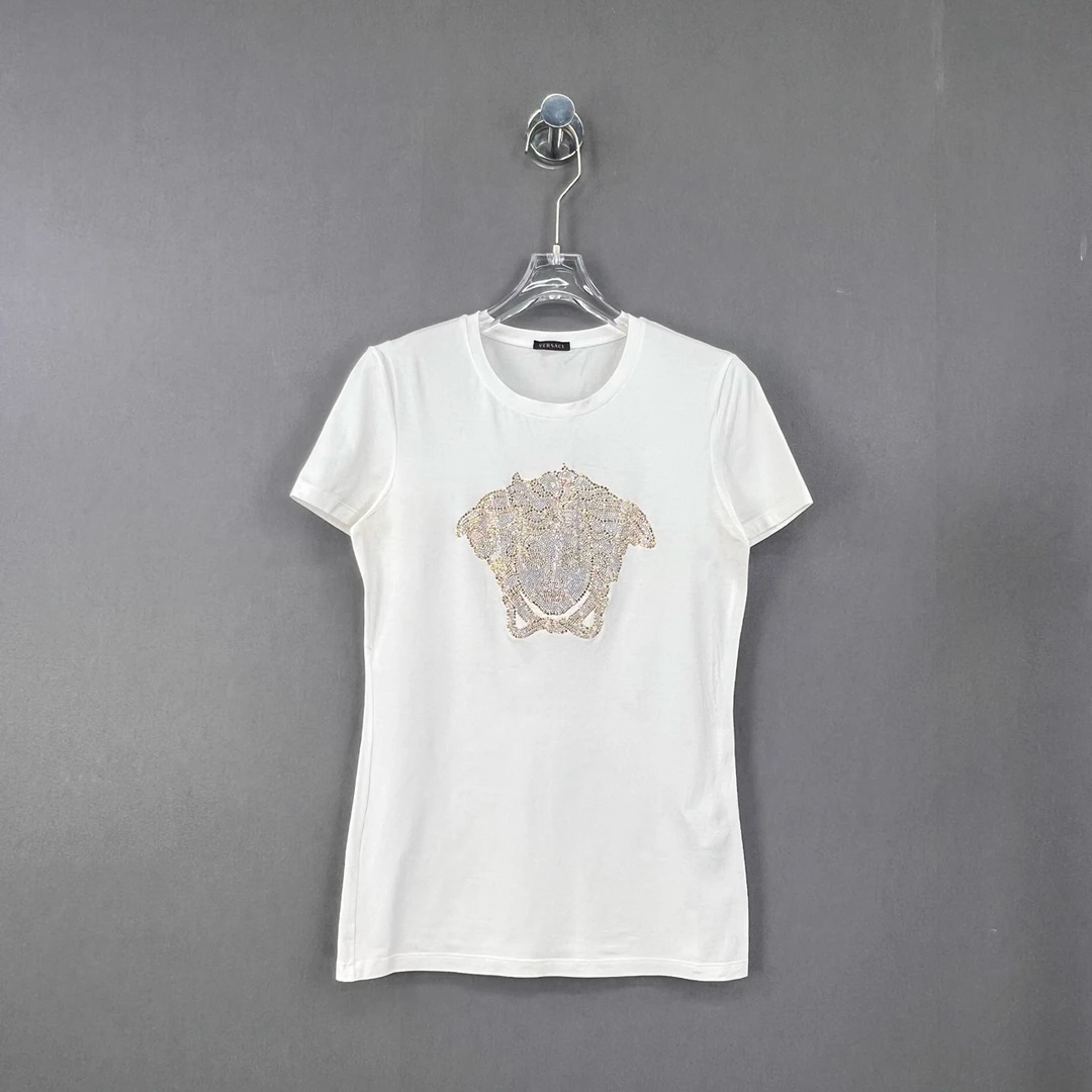 99新 VERSACE/范思哲 42码/白色美杜莎烫钻圆领短袖T恤/12963075