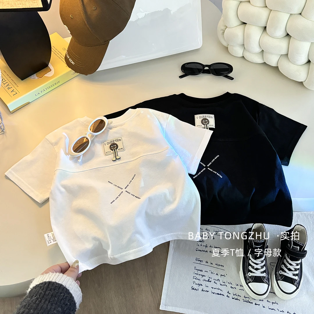 【100%棉】儿童夏季纯棉短袖拼接韩版男女童短袖洋气百搭休闲童装