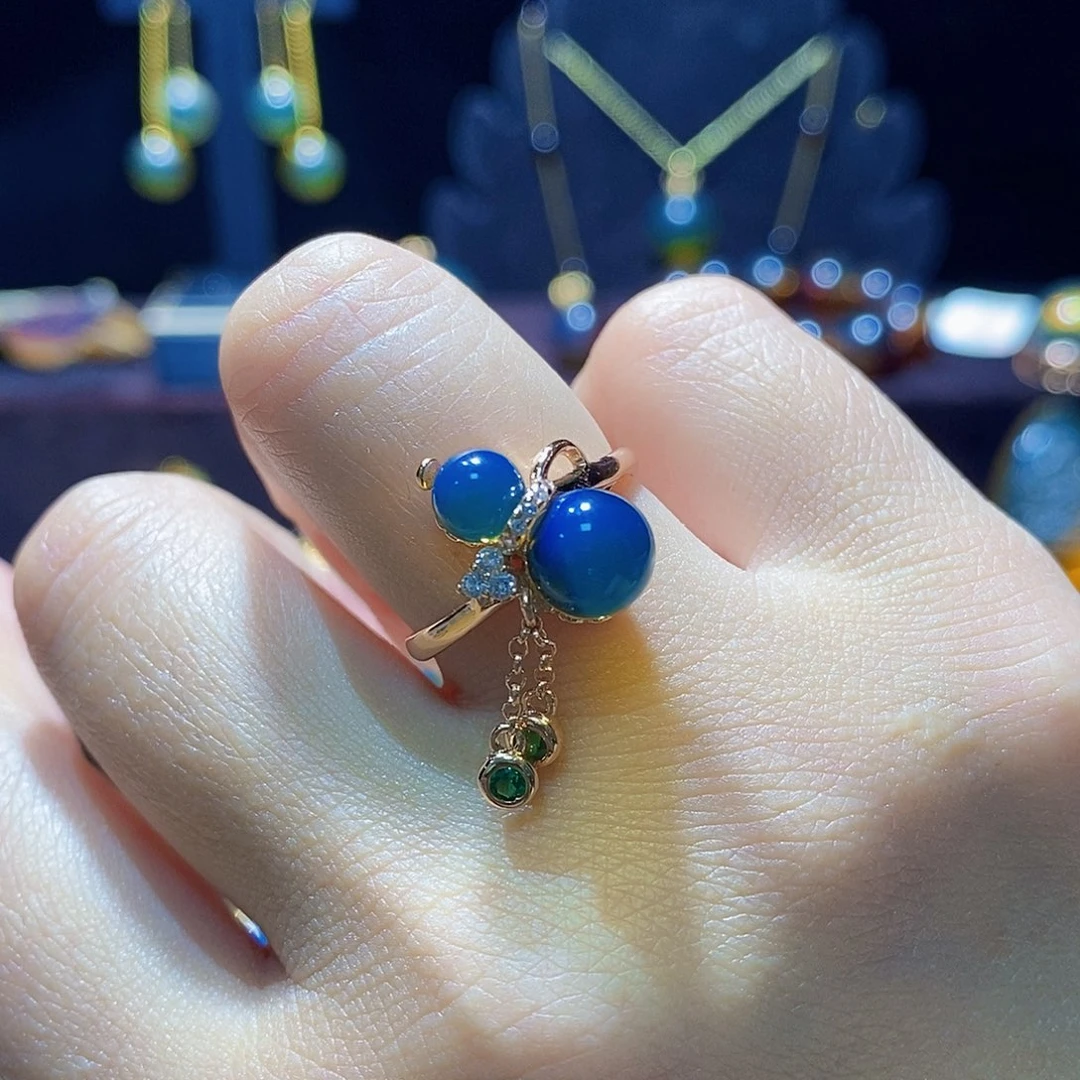 蓝珀戒指银S925镀金镶嵌戒指葫芦款