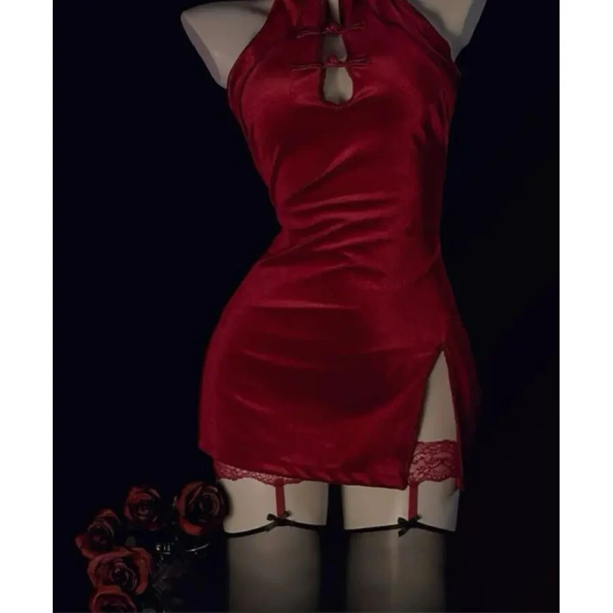 【三撕后行】80-120斤纯欲风性感旗袍镂空开叉挂脖吊带睡裙