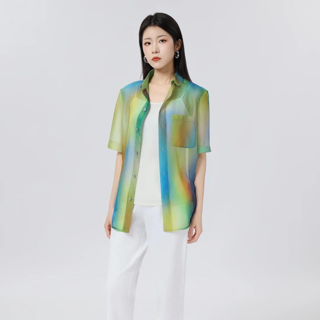 GIRDEAR/哥弟新款扎染衬衣早春薄款百搭渐变色短袖衬衫女1300986