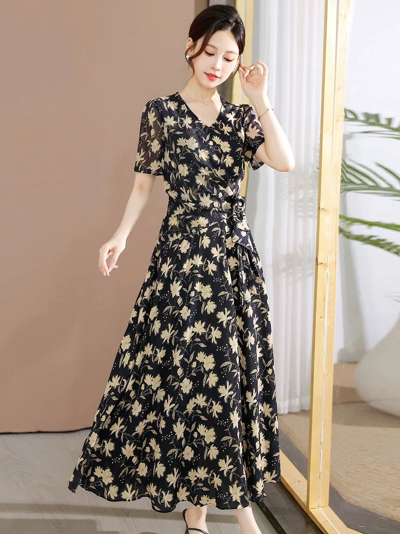 X0596 修身背带款收腰棉绸棉麻连衣裙中长款显瘦碎花夏季