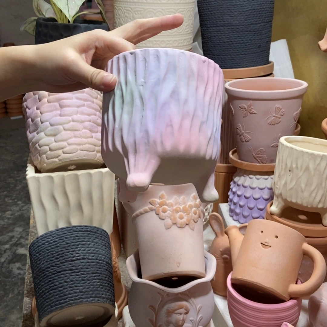 13×14彩色三脚树纹 粗陶1个