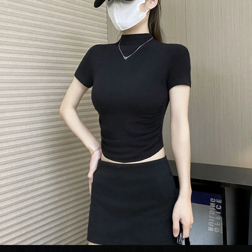 黑色新款修身显瘦短款半高领短袖打底衫女内搭2025洋气上衣夏季