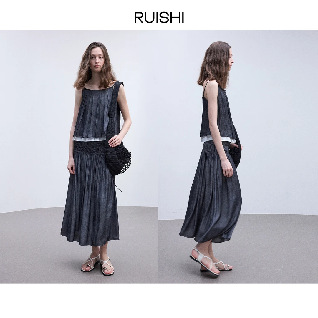 RUISHI芮时 莱赛尔牛仔冰麻质感叠褶吊带橡筋收褶半裙套装女夏