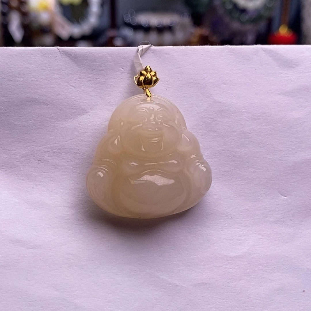 颈饰未镶嵌和田玉收藏级熟藕粉脂膏级老矿料红粉金镶佛公