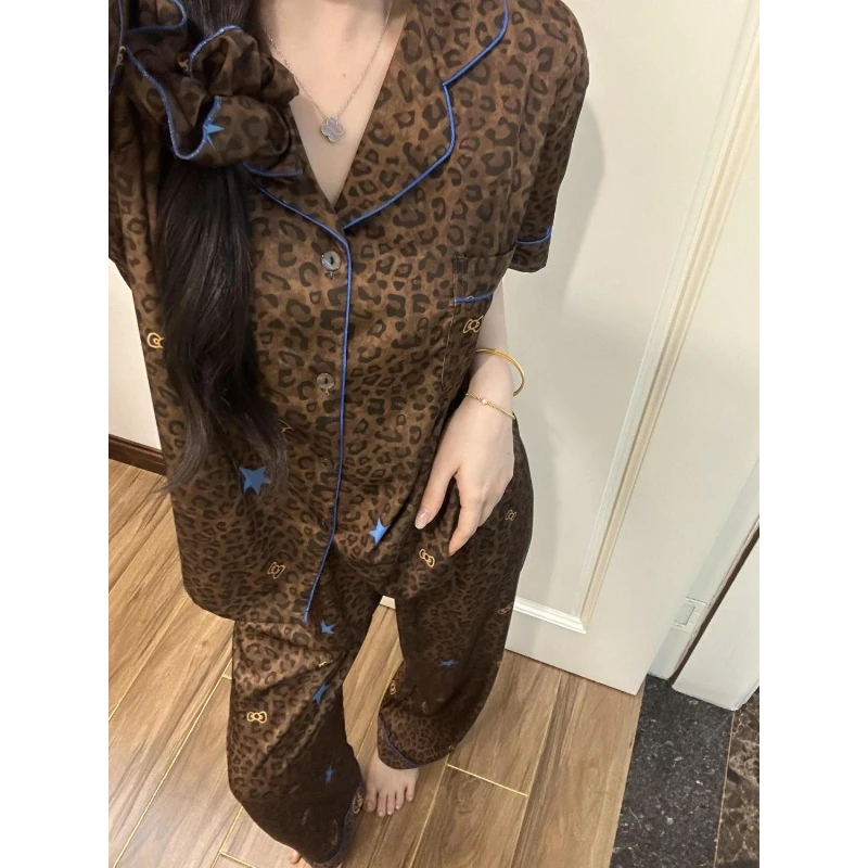 复古美拉德豹纹kitty猫冰丝长袖睡衣女春秋大码宽松套装居家服