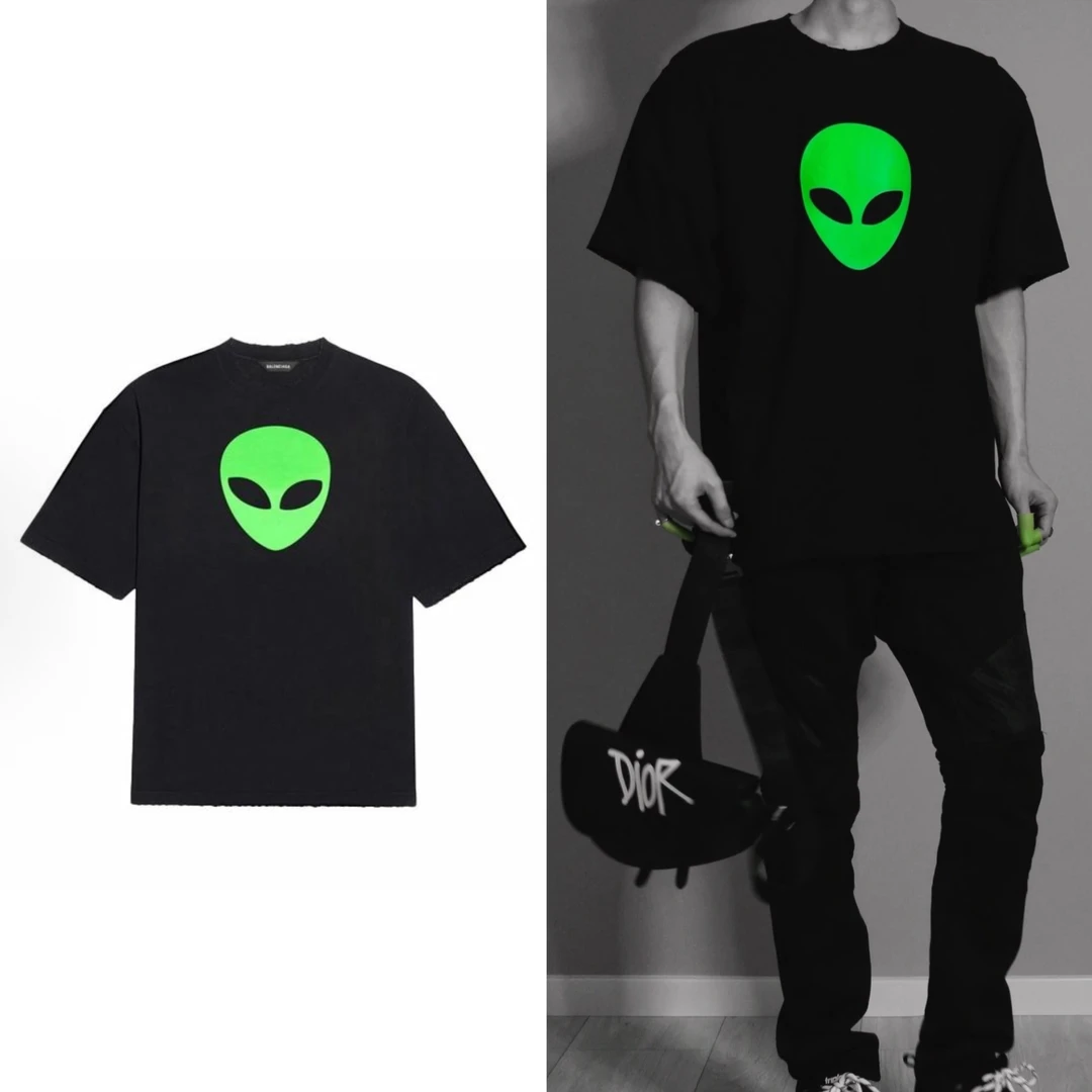 未使用 Balenciaga/巴黎世家 外星人印花宽松版型黑短袖t恤