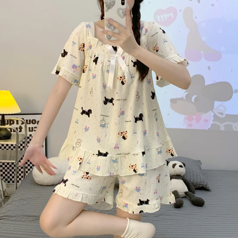 泡泡棉睡衣女夏季新款短袖短裤甜美公主风加肥250斤胖mm家居服