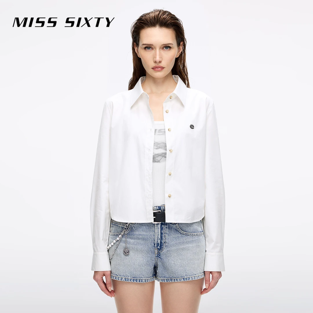 Miss Sixty2025秋新款长袖衬衫女宽松翻领唇印刺绣含桑蚕丝流光风
