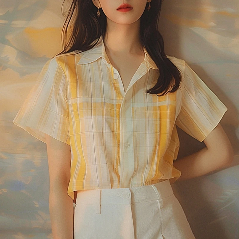 今年流行的漂亮黄色格纹短袖衬衫女2025新款春装法式别致绝美上衣