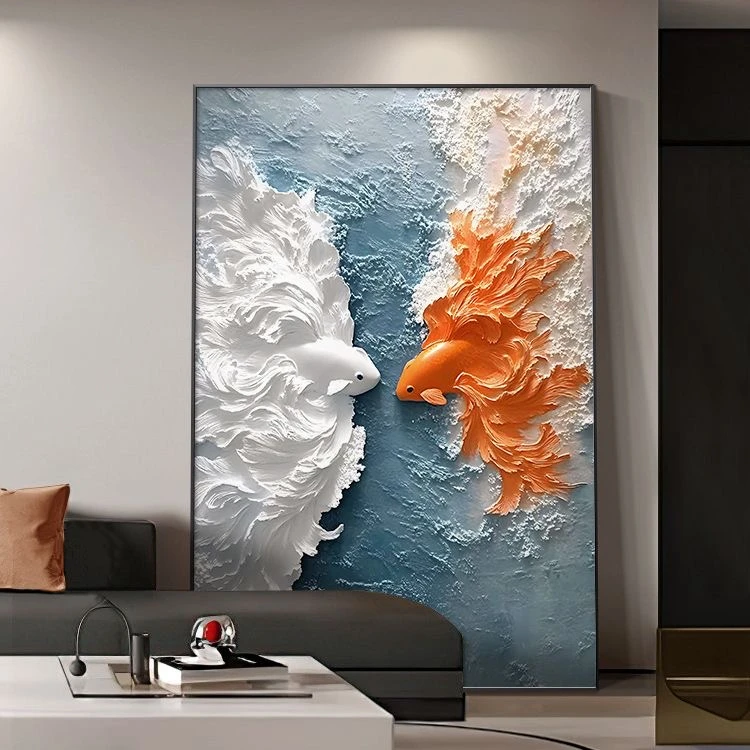 【蓝海锦福】现代锦鲤轻奢入户玄关装饰画立体感客厅沙发背景挂画
