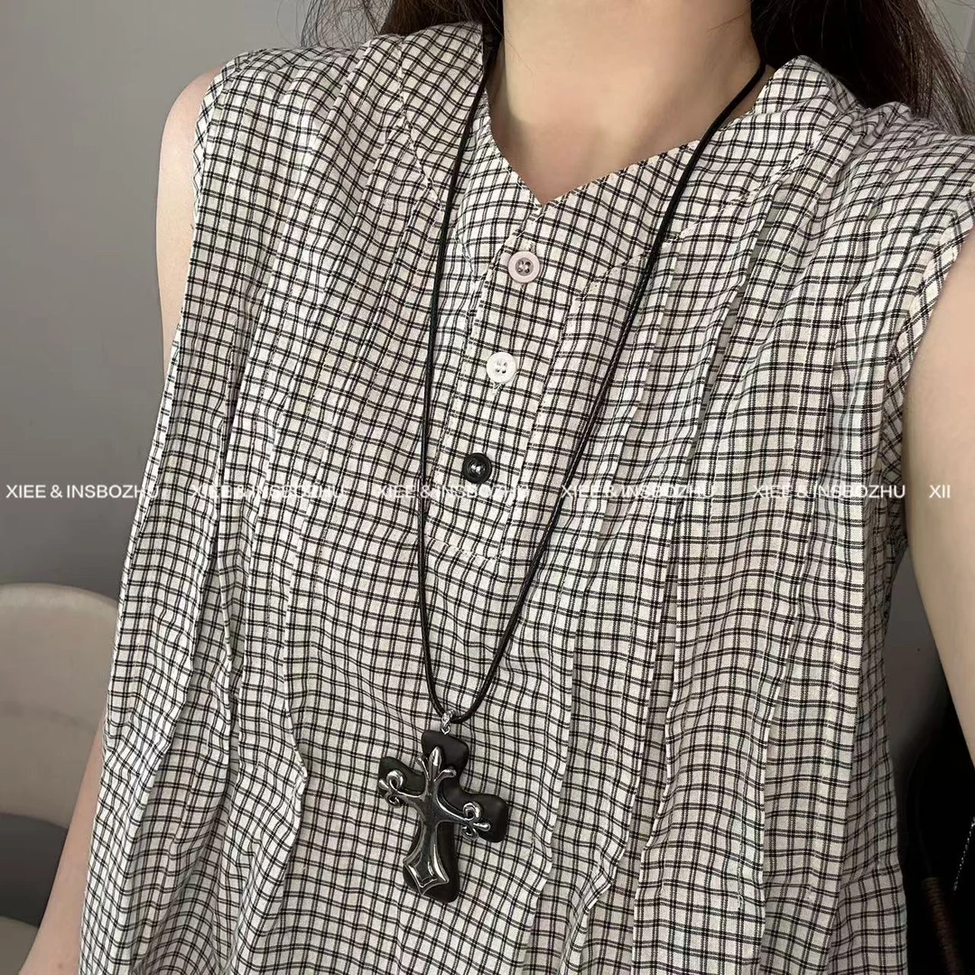 非金属皮质项链 黑色十字皮绳毛衣链XL2981