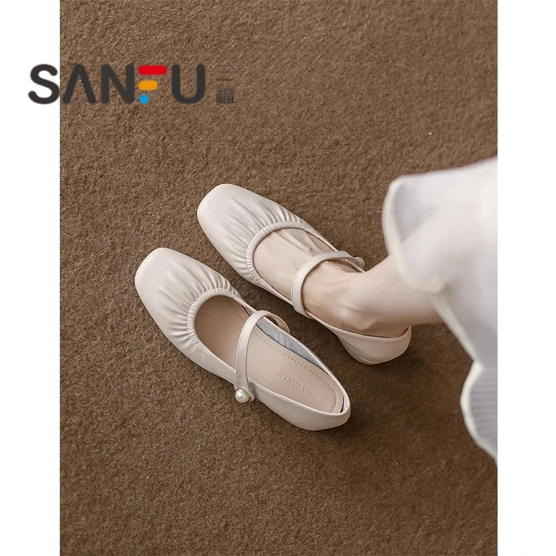 三福女士珍珠法式极简玛丽珍女鞋2025新款浅口单鞋秋夏中跟温柔鞋