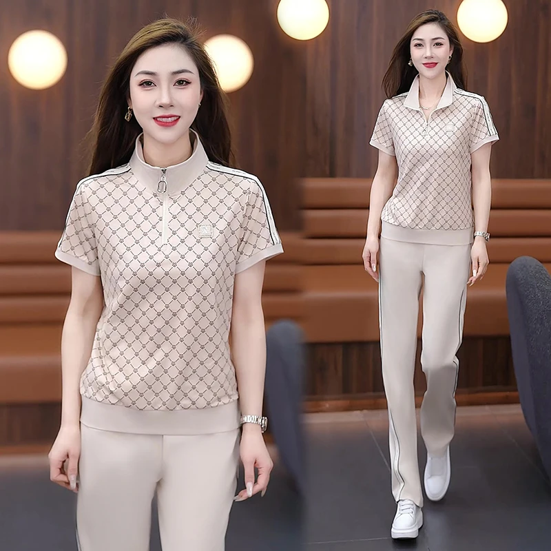 2025夏季新款时尚运动服套装女时尚洋气显瘦冰丝短袖阔腿裤两件套