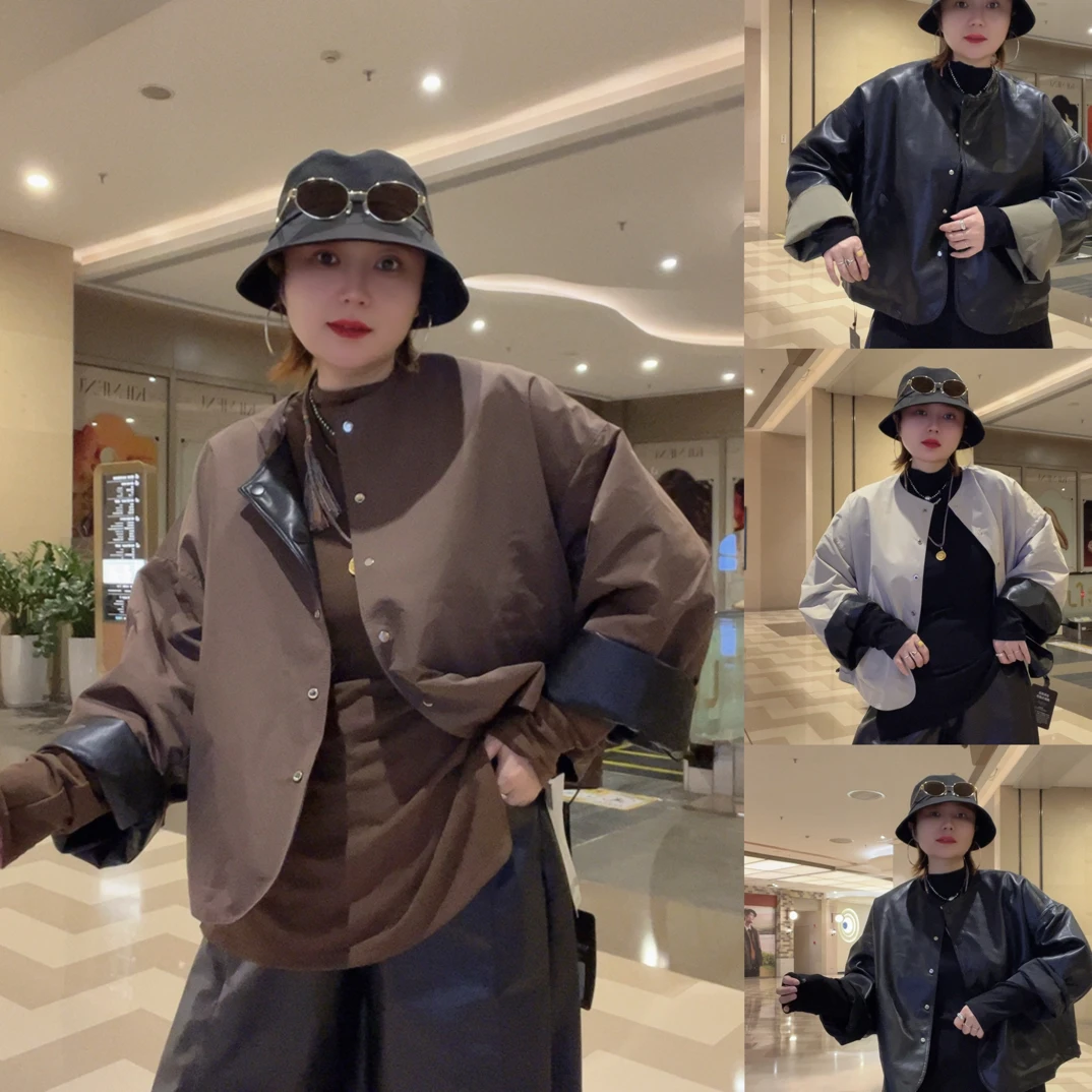 7310#简约风女长袖常规款短外套宽松型两面穿pu外套（卡码拍大）