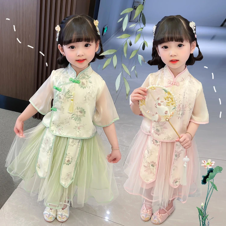 新款夏日女孩汉服套装浅绿粉红纱裙童话风小孩表演服