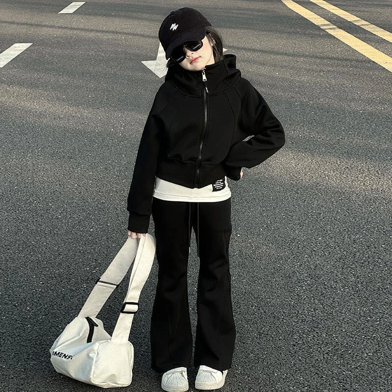 女童春秋款套装2025新款女孩童装连帽外套休闲百搭长裤三件套潮款